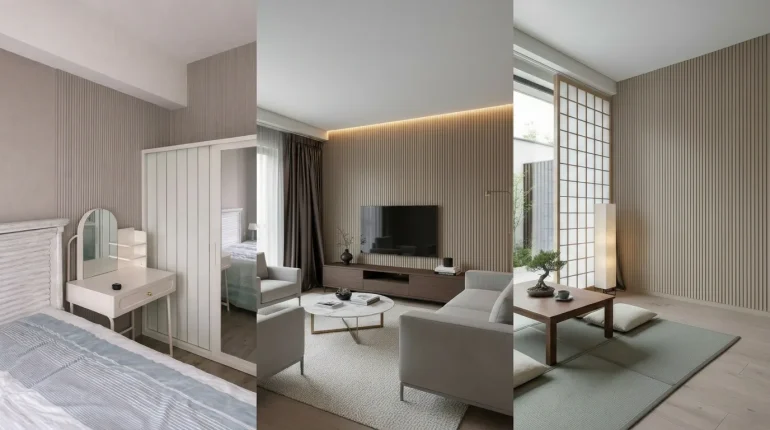 Aplikasi wall panel nuansa villa Bali pada headboard kamar tidur dari INTHERIA