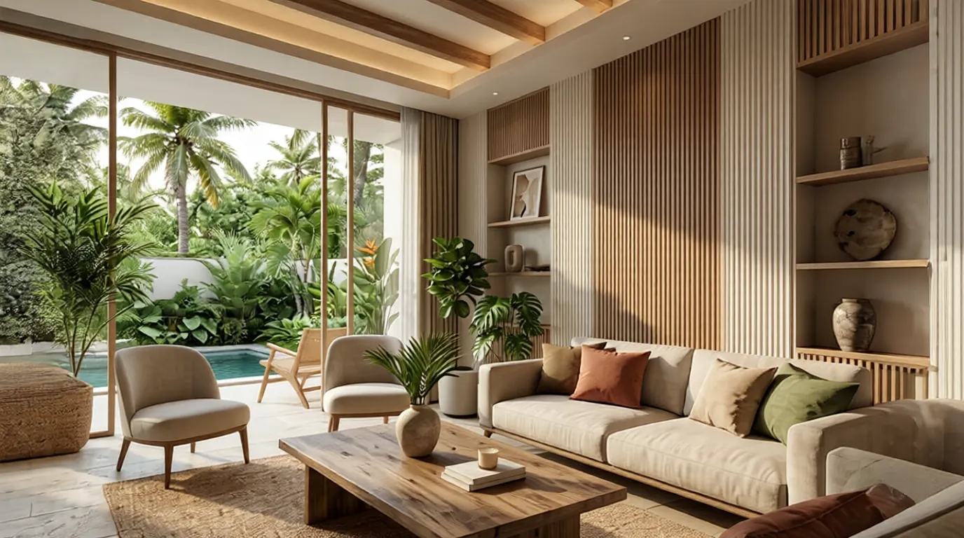 Aplikasi wall panel nuansa villa Bali pada headboard kamar tidur dari INTHERIA
